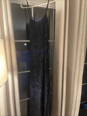Cache 90s/Y2K Navy Beaded Spaghetti Strap Evening Dress 100% Silk